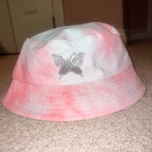 Pink and white bucket hat